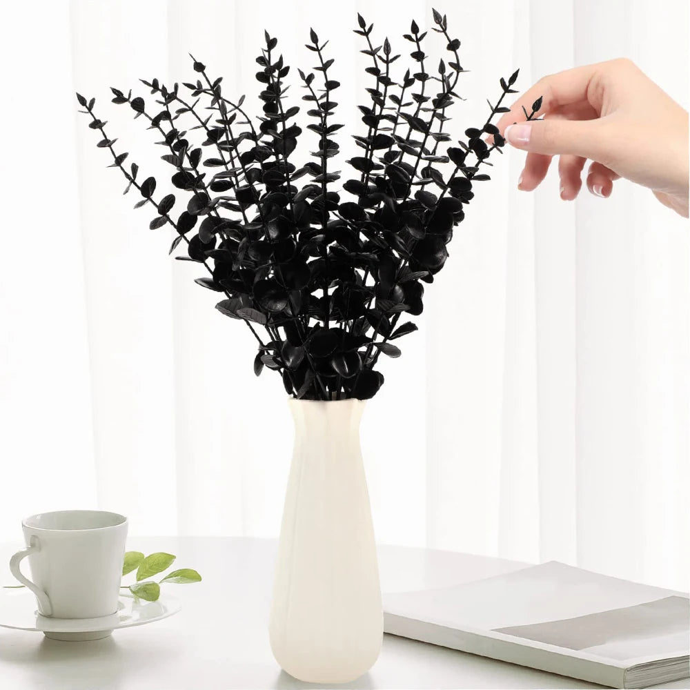 10 Pcs Black Artificial Eucalyptus Stems 14.96in Faux Halloween Thanksgiving Flowers Eucalyptus Leaf Centerpiece Home Decoration