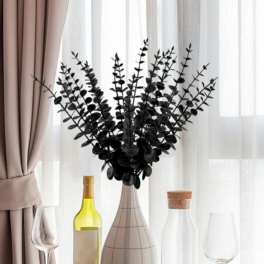 10 Pcs Black Artificial Eucalyptus Stems 14.96in Faux Halloween Thanksgiving Flowers Eucalyptus Leaf Centerpiece Home Decoration