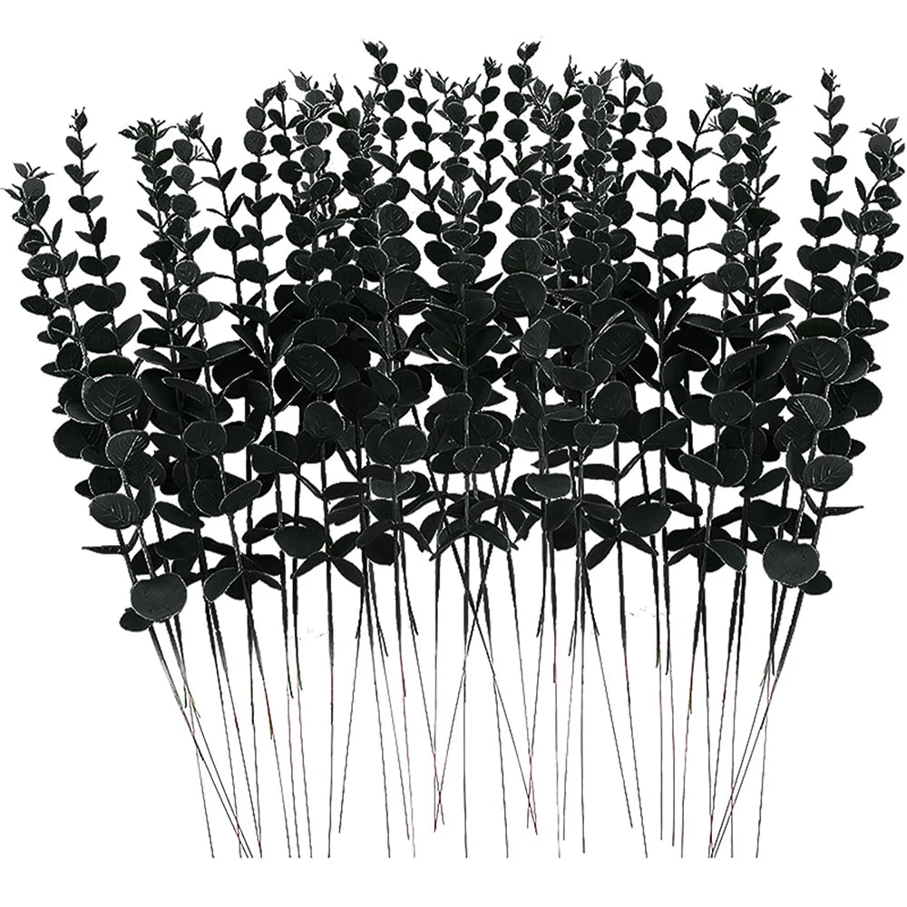 10 Pcs Black Artificial Eucalyptus Stems 14.96in Faux Halloween Thanksgiving Flowers Eucalyptus Leaf Centerpiece Home Decoration